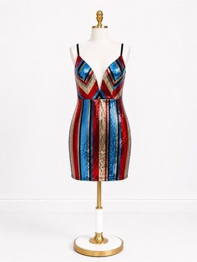 Pink Owl Sequined Striped Plunge Mini Dress - Red Blue Gold